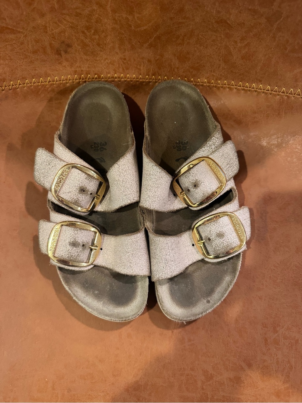 Birkenstock Arizona Sandals in Light Beige with Gold Buckles - Picture 2 of 7